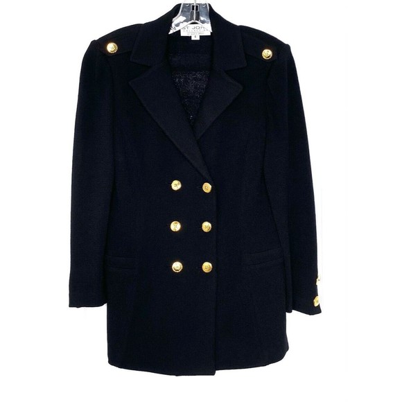 ST. JOHN Collection Marie Gray Double Breasted Gold Button Blazer Knit Jacket 6